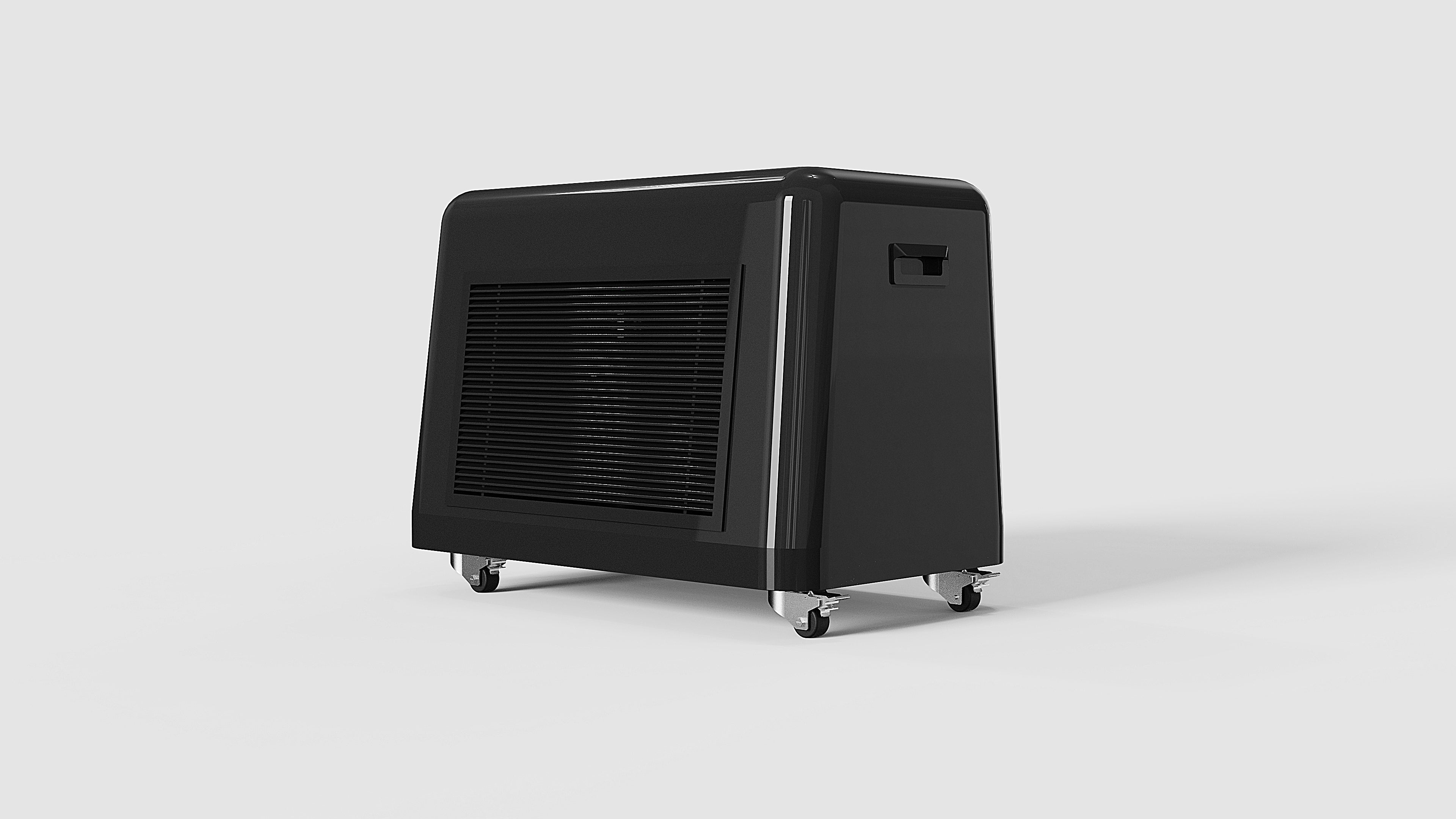 Back view of black bath tub chiller with digital display, cooling fan, and wheels.