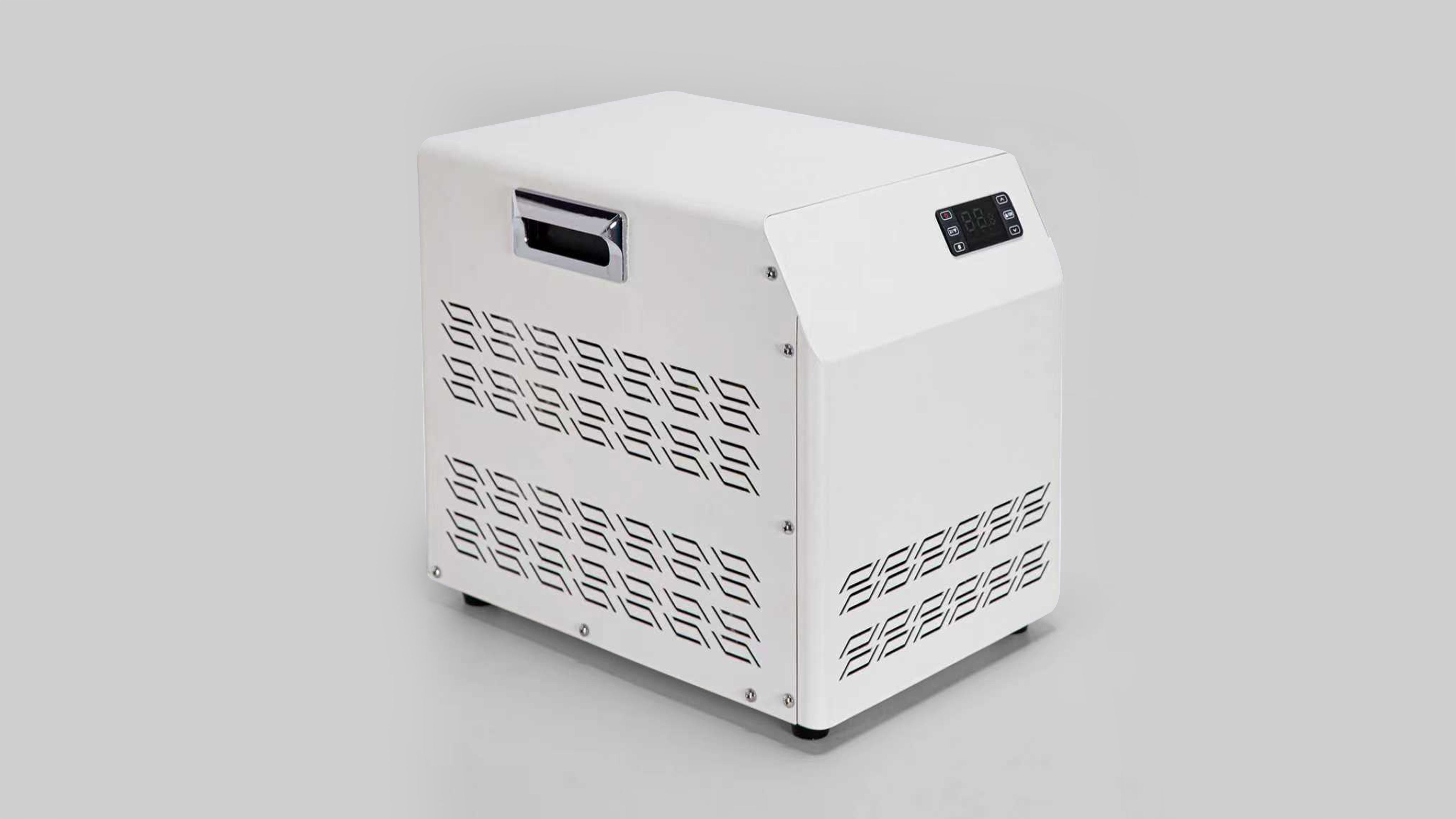 A compact, white, low - power bathtub refrigerator with a digital control panel and perforated ventilation panels, designed for efficient cooling in a compact form factor.