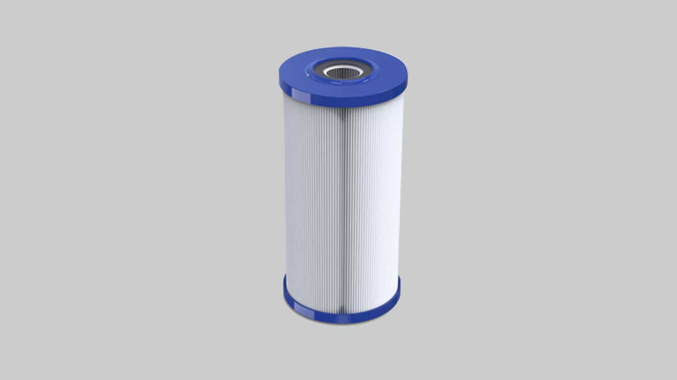 Blue-capped cylindrical filter for ice bath chillers, purifies water in refrigeration systems