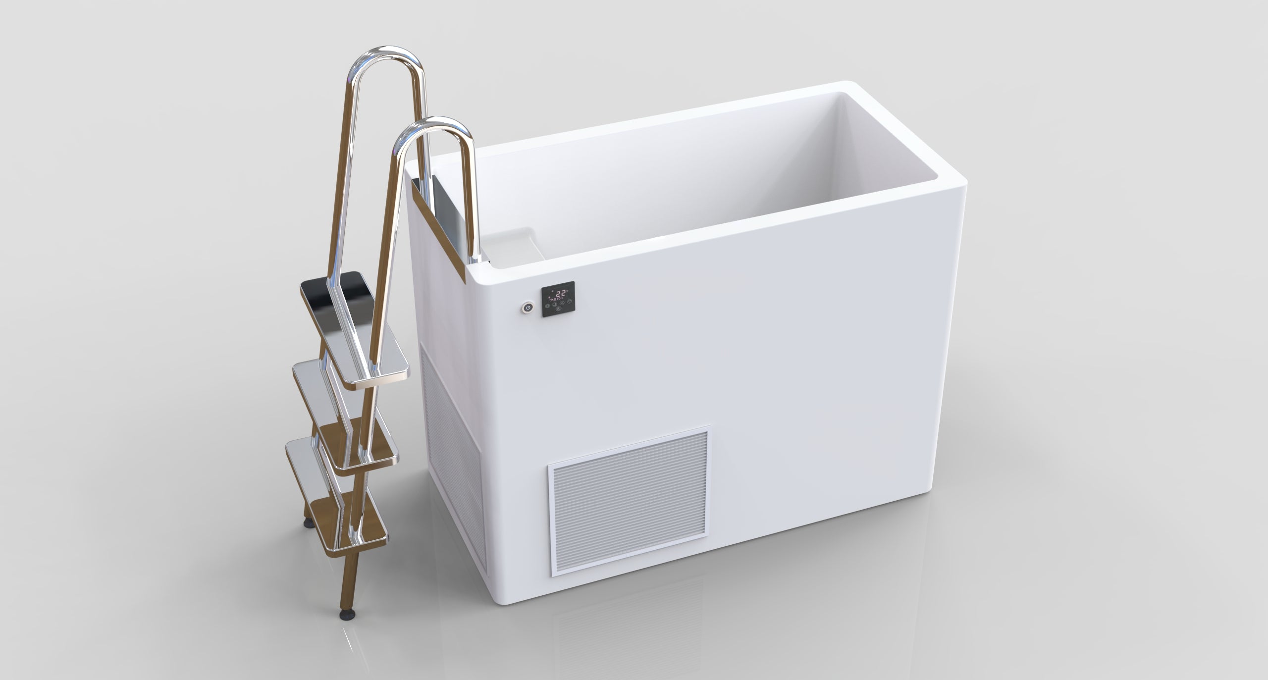 White rectangular all-in-one Ice Bath Tub with Built-in Chiller, Ladder & Control Panel