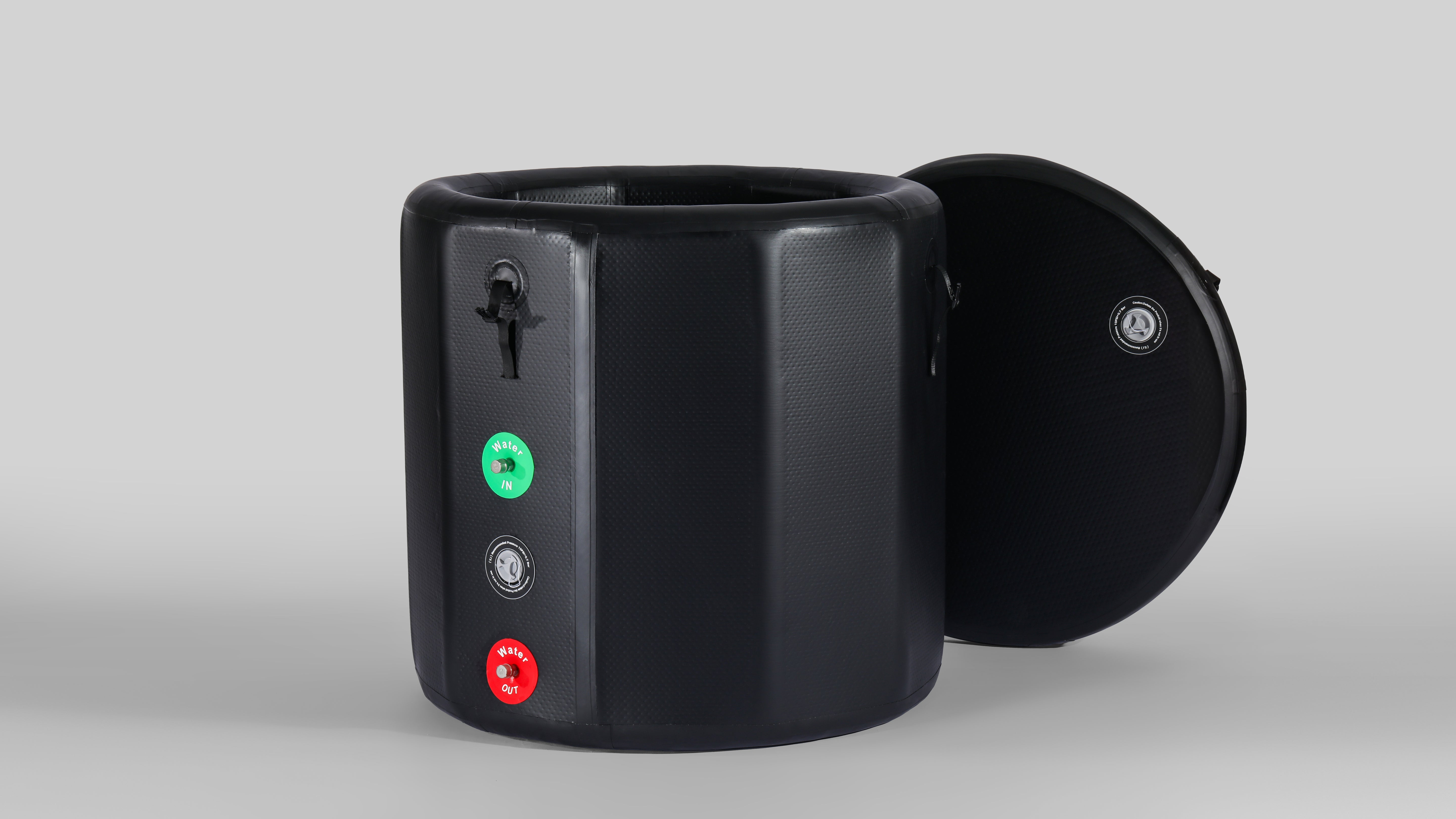 A black inflatable multi - sided ice bath tub with a lid , featuring inlet and outlet valves for water flow control.