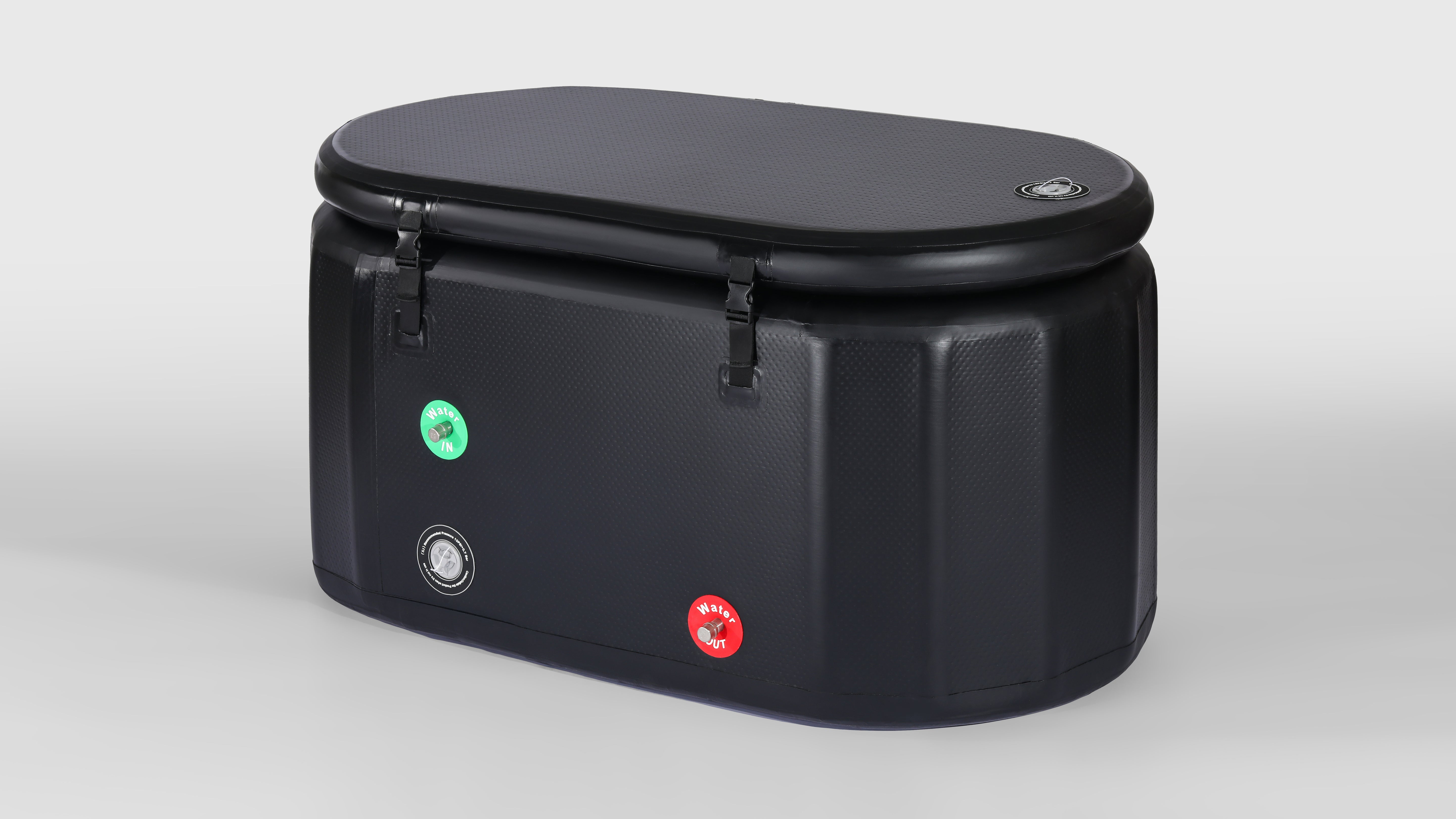 A compact, black inflatable ice bath tub , designed for easy portability and versatile use in cold water therapy or relaxation routines.