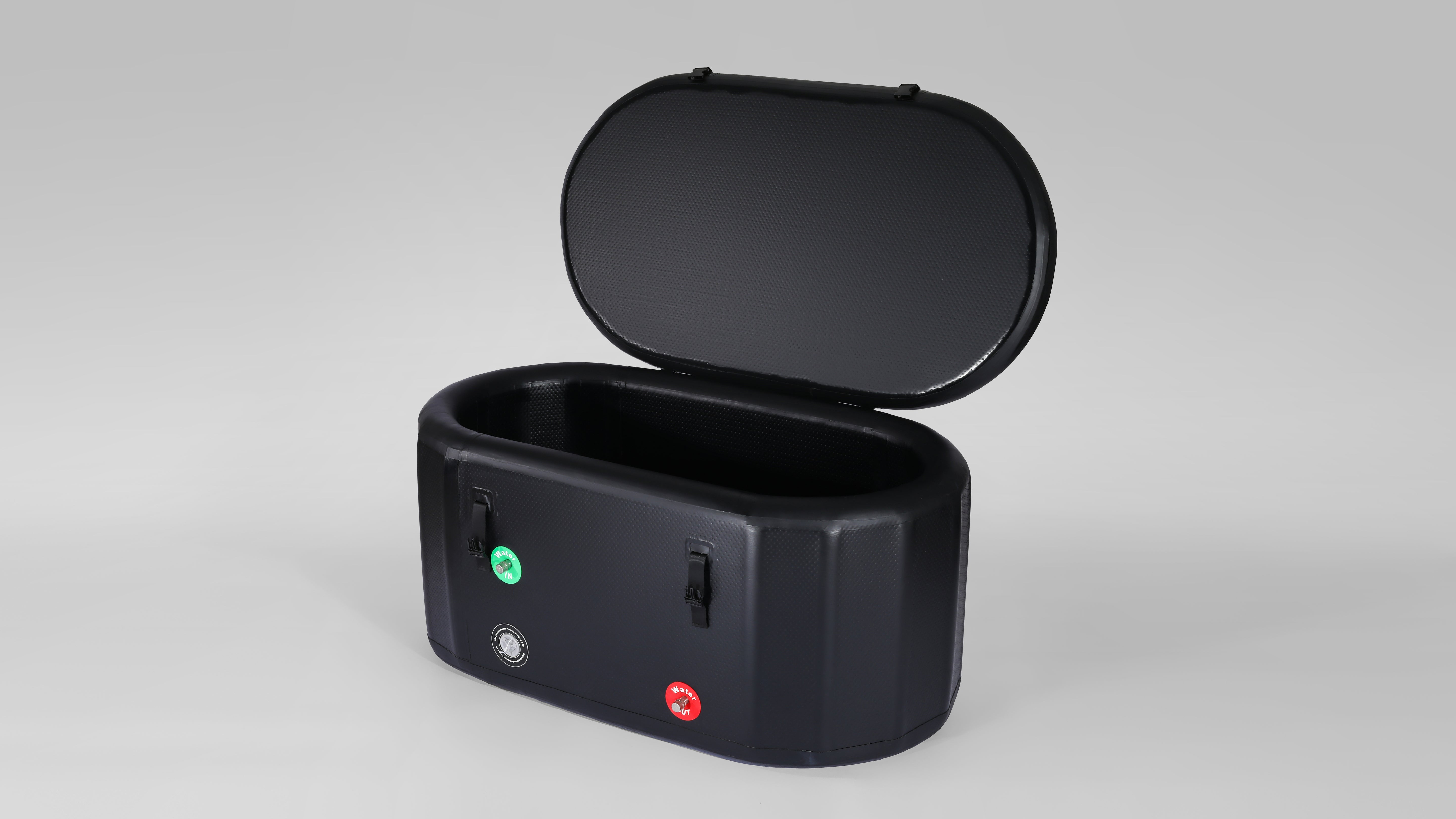 A compact, black inflatable ice bath tub with opening lid