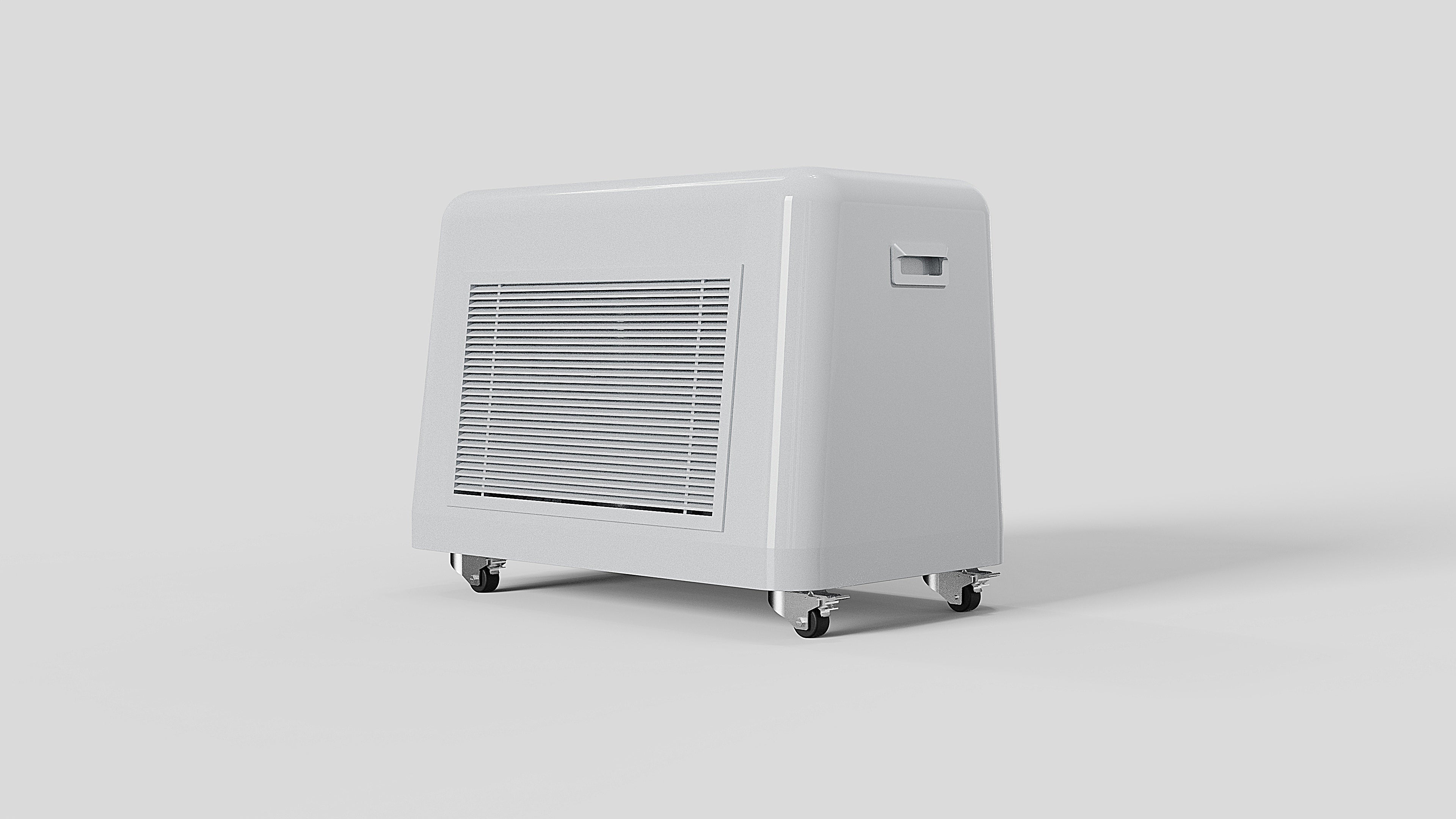 Back view of white bath tub chiller with digital display, cooling fan, and wheels.