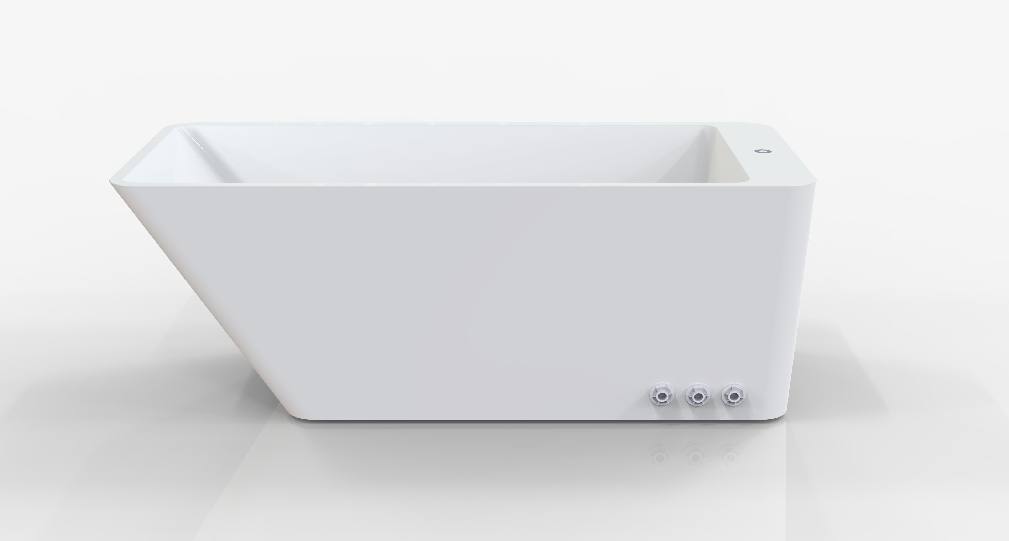 side view of a  freestanding white acrylic ice bath tub, featuring a sleek rectangular design