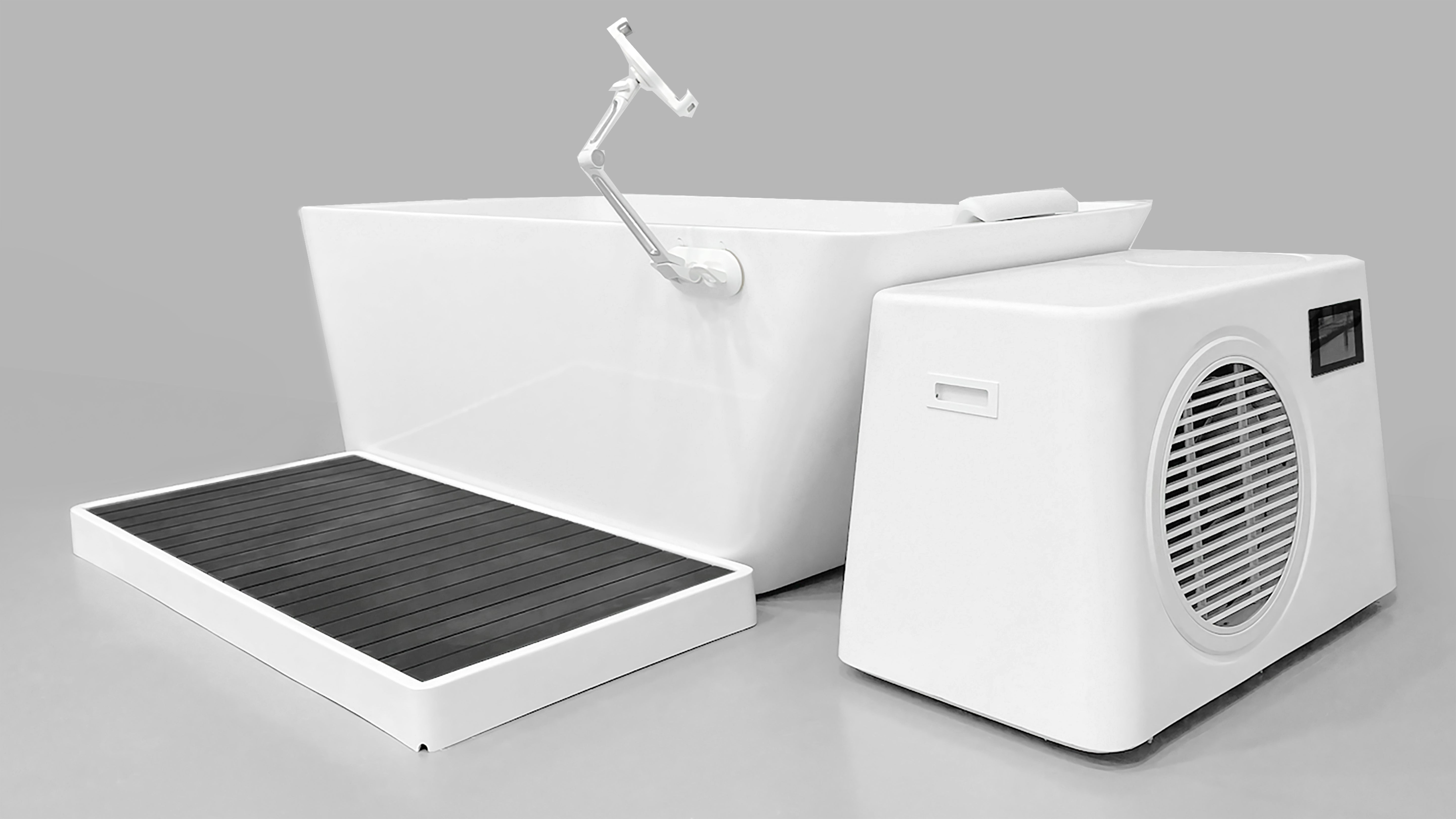 A rectangular white independent acrylic ice bath tub setup with a chiller, a waterproof deck, and a phone holder, designed for cold water immersion therapy.