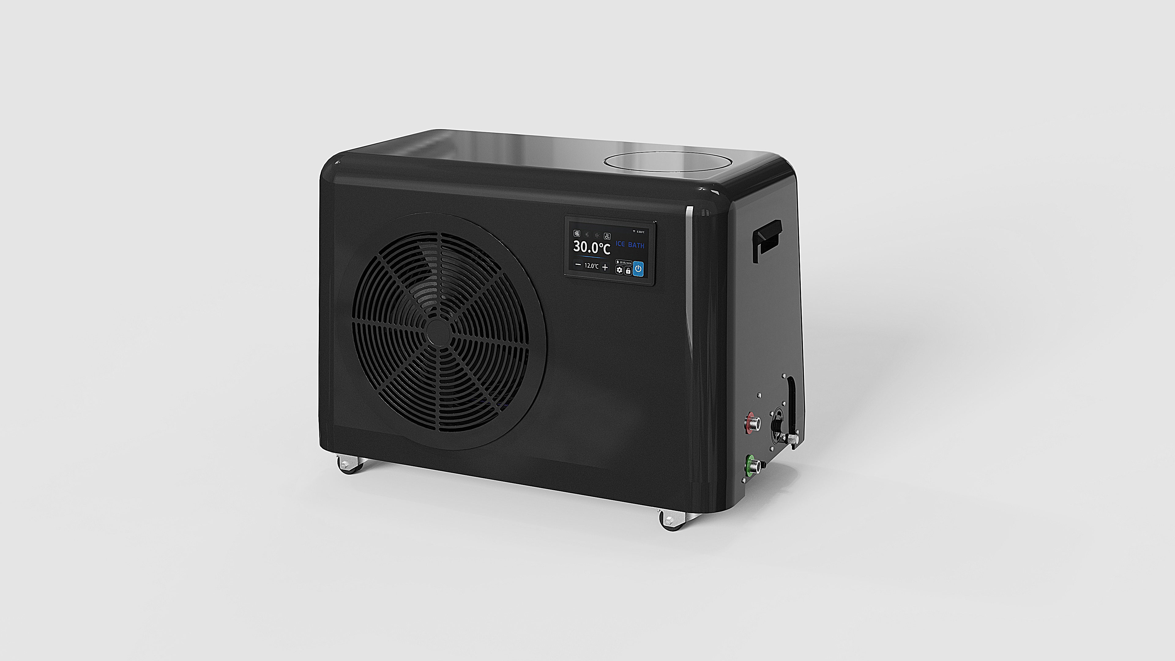 Black bath tub chiller with digital display, cooling fan, and wheels, designed to regulate water temperature in connected bathtubs.