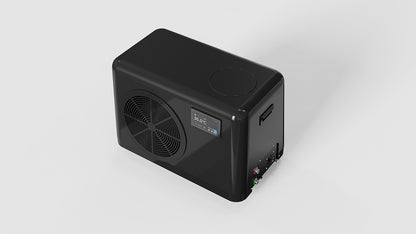 Top view of black bath tub chiller with digital display, cooling fan, and wheels.