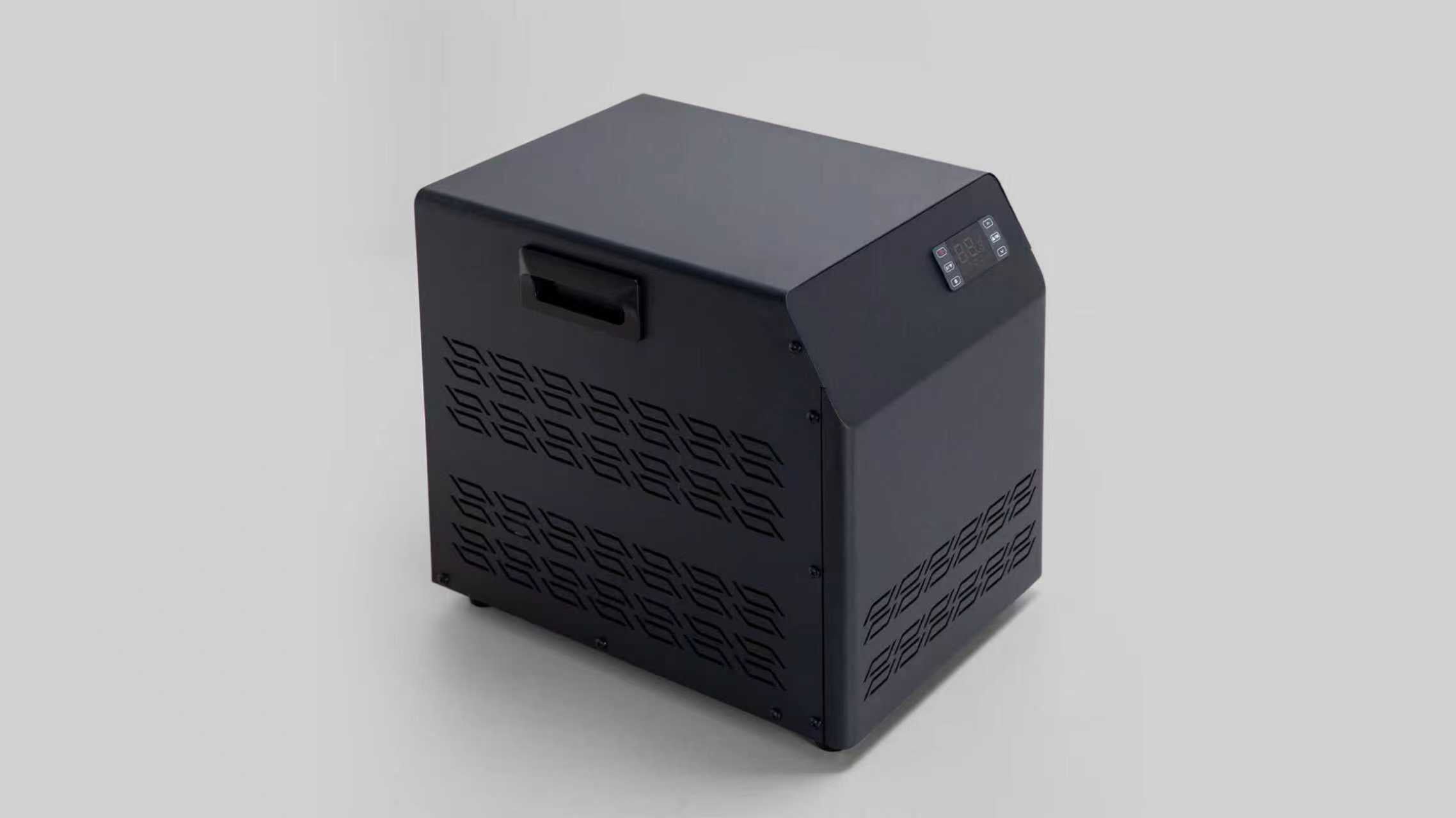 A compact, black, low - power bathtub refrigerator with a digital control panel and perforated ventilation panels, designed for efficient cooling in a compact form factor.