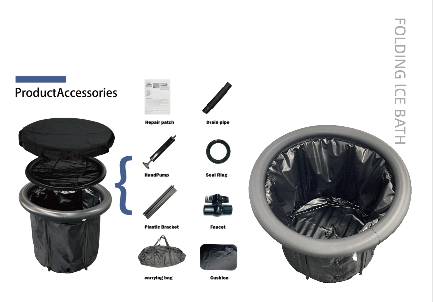 Portable black folding ice bath with liner, includes repair patch, drain pipe, seal ring, hand pump, bracket, carry bag, faucet, and cushion – ideal for professional ice therapy.