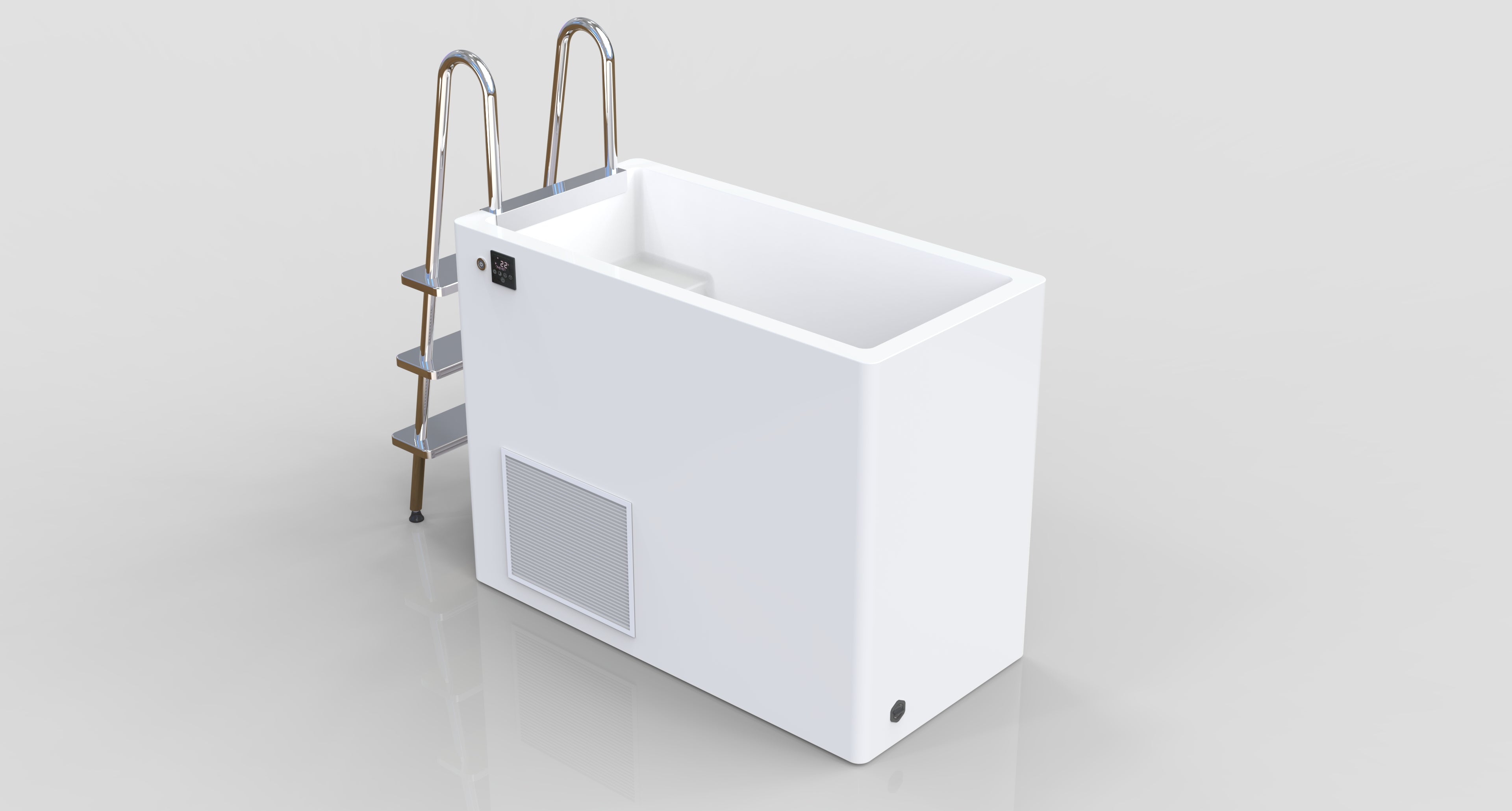 White rectangular all-in-one Ice Bath Tub with Built-in Chiller, Ladder & Control Panel