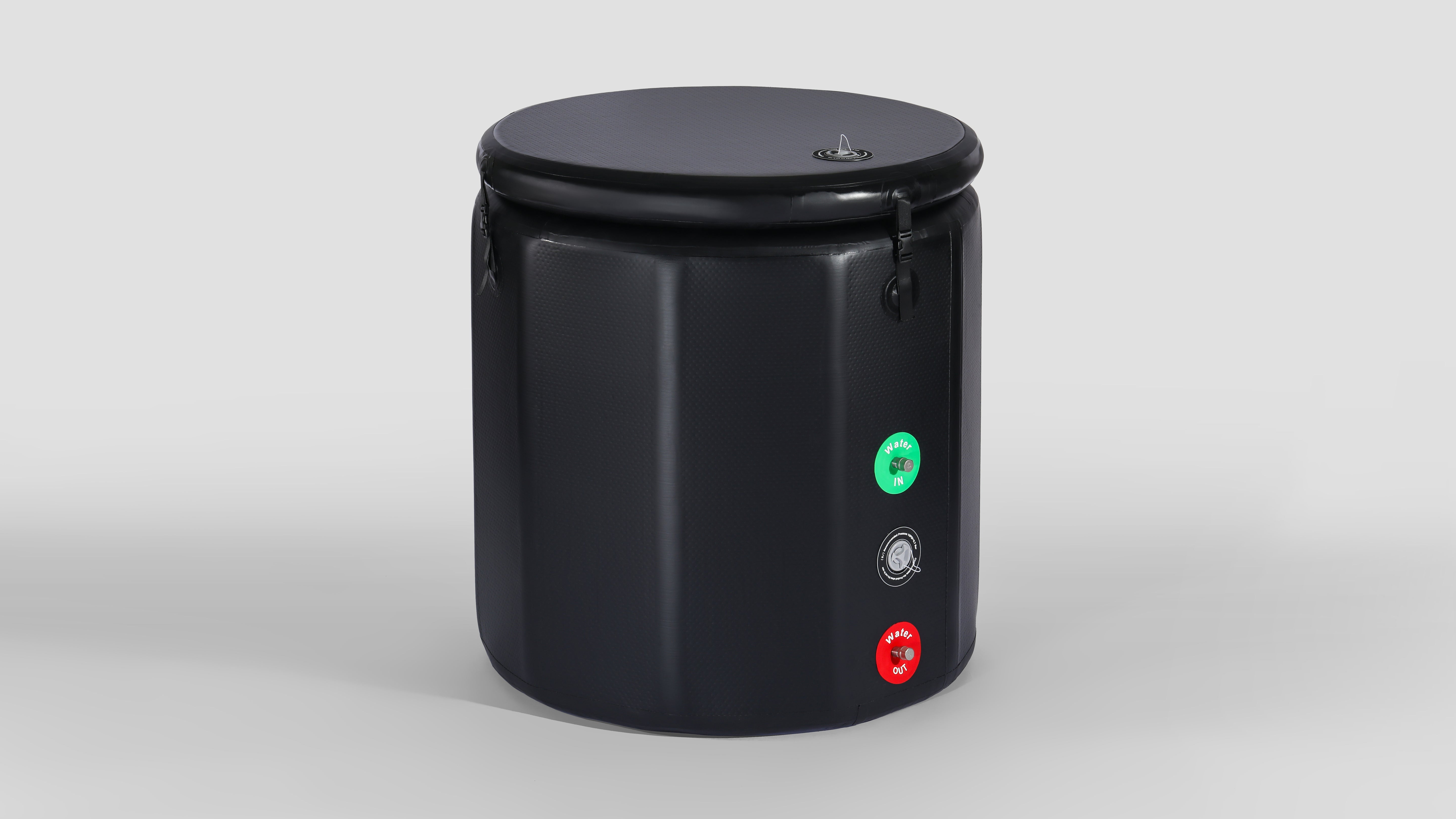 A black inflatable multi - sided ice bath tub with a lid, featuring inlet and outlet valves for water flow control.