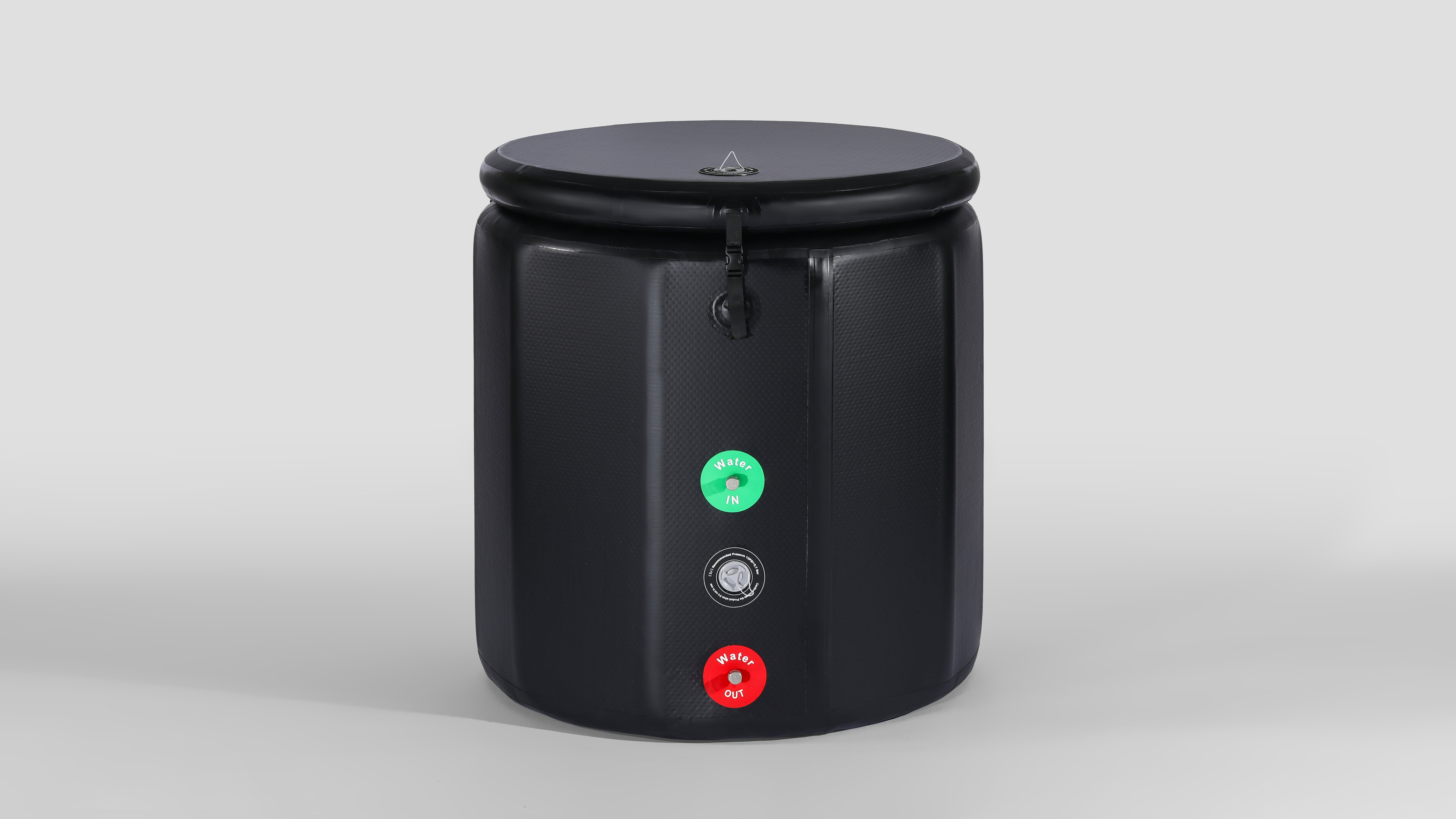 Front view of a black inflatable multi - sided ice bath tub with a lid, featuring inlet and outlet valves for water flow control.