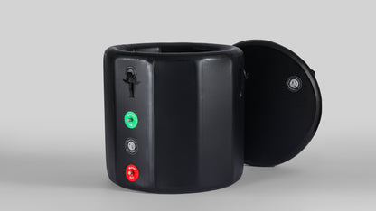 A black inflatable multi - sided ice bath tub with a lid , featuring inlet and outlet valves for water flow control.