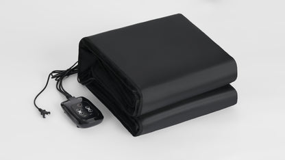 Black Oxford fabric infrared sauna blanket with remote control, featuring adjustable temperature and timer settings for safe heat therapy.