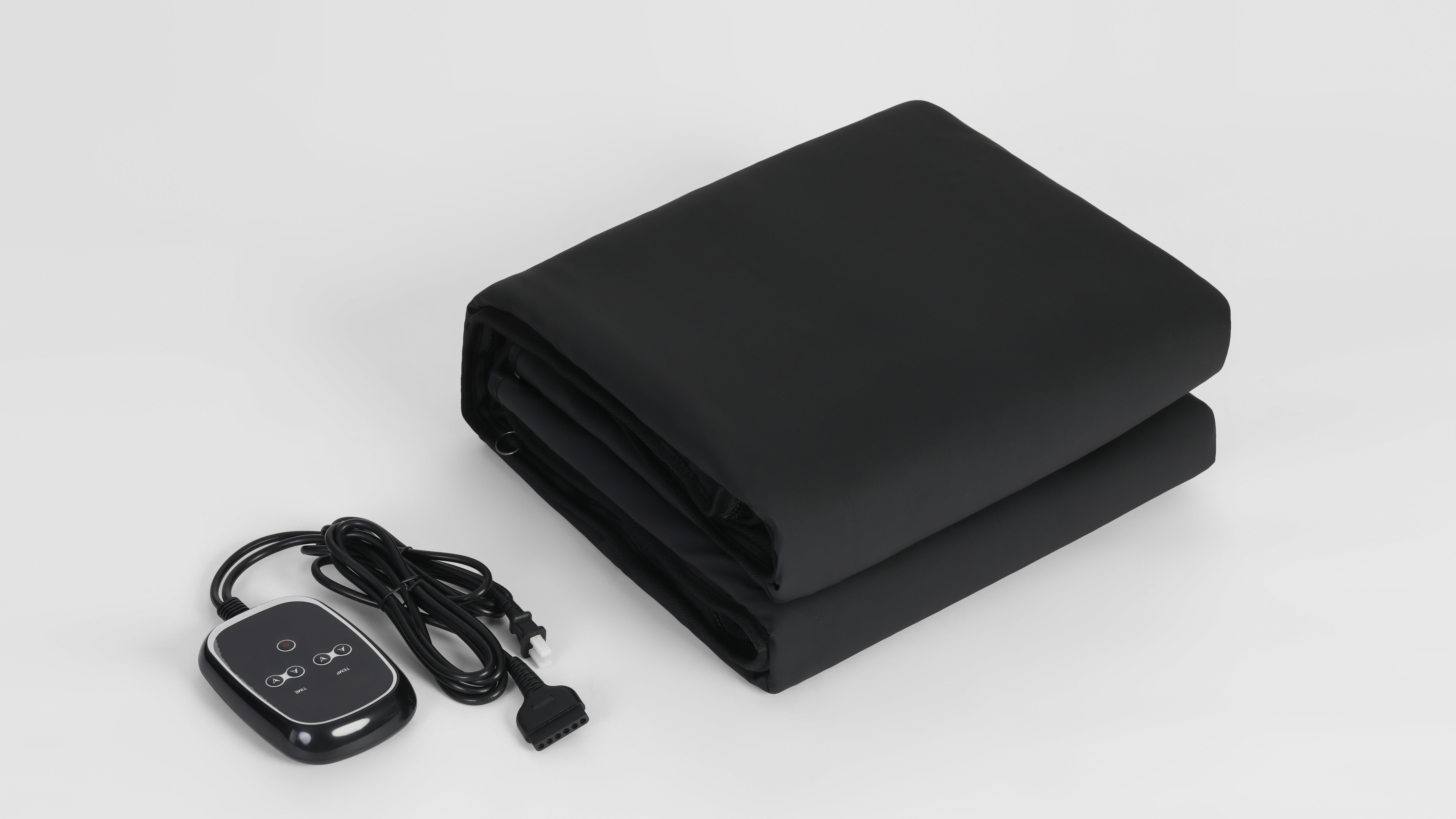 A lightweight, foldable, waterproof PU leather infrared therapy sauna blanket with a controller, designed for easy storage and use.