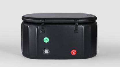 Front view of a compact, black inflatable ice bath tub