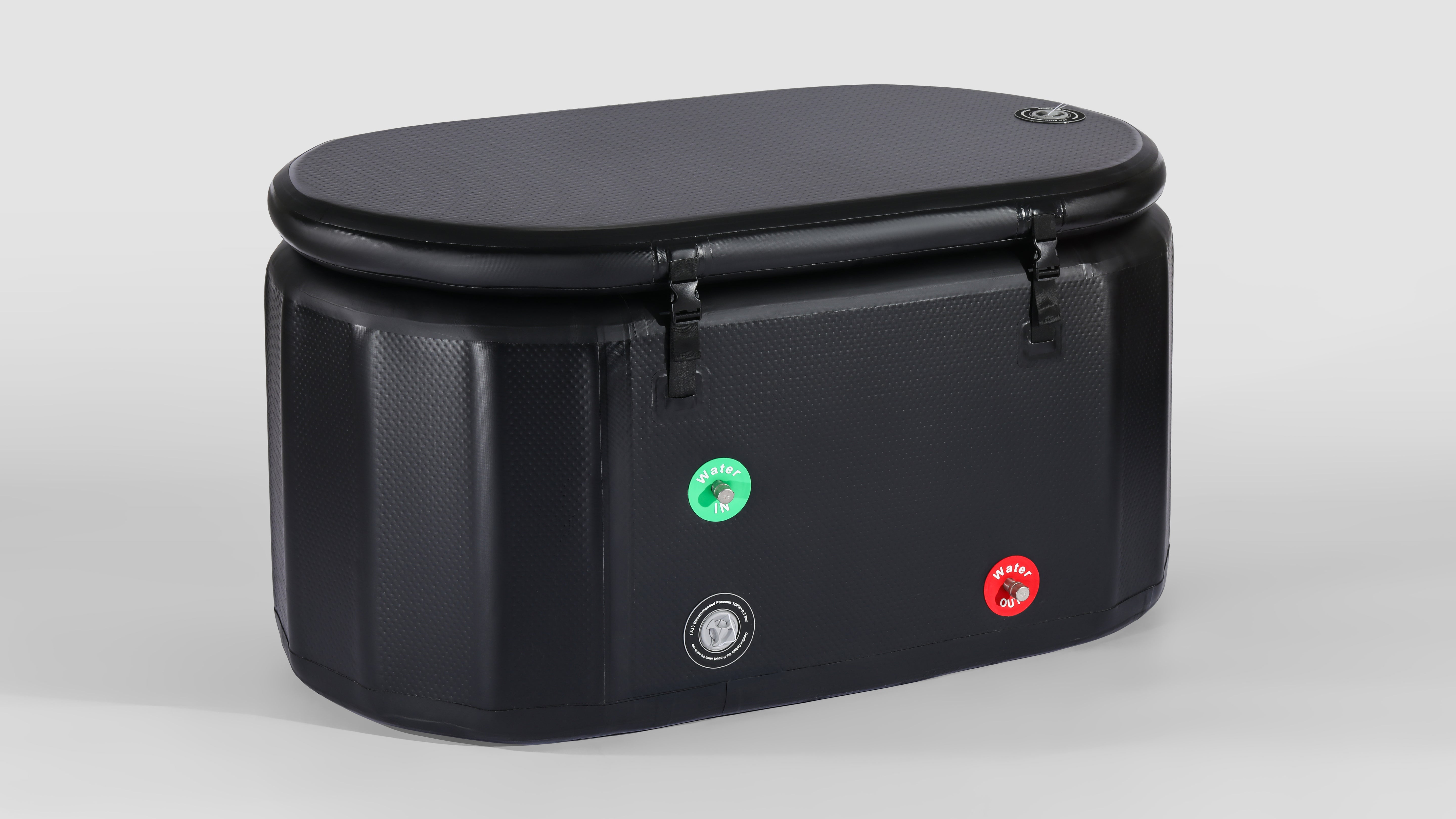 Slightly right view of a compact, black inflatable ice bath tub