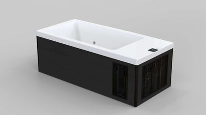 A sleek, modern ice bath tub with a built - in chiller and a control panel, featuring a clean white interior and black exterior with ventilation grilles for efficient cooling