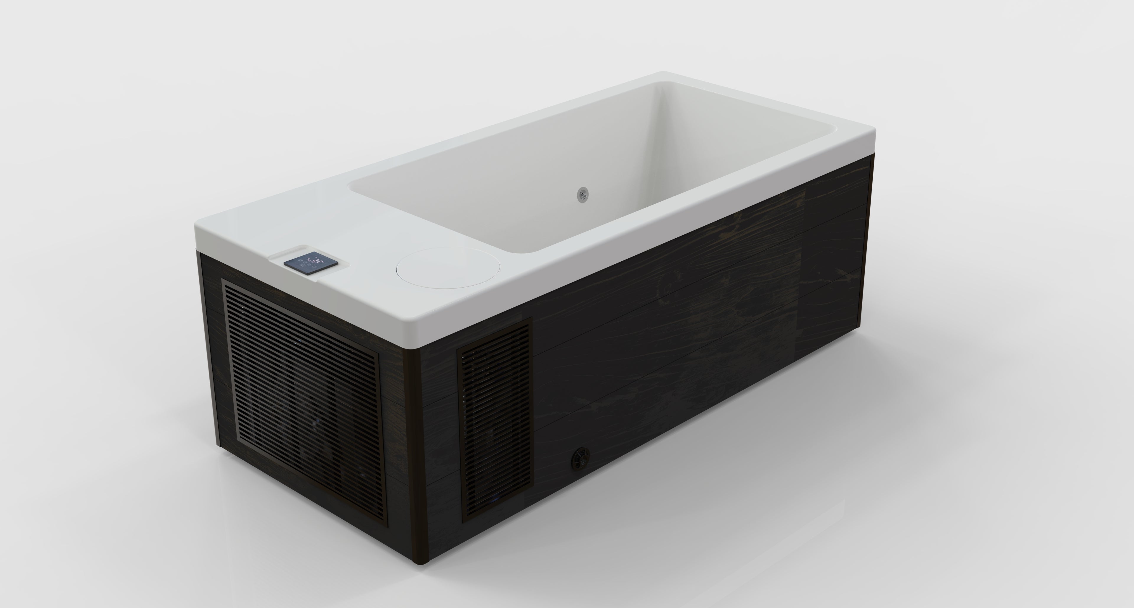 Other side of a sleek, modern ice bath tub with a built - in chiller and a control panel, featuring a clean white interior and black exterior with ventilation grilles for efficient cooling