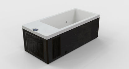 Other side of a sleek, modern ice bath tub with a built - in chiller and a control panel, featuring a clean white interior and black exterior with ventilation grilles for efficient cooling