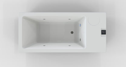Top view of a sleek, modern ice bath tub with a built - in chiller and a control panel, featuring a clean white interior and black exterior with ventilation grilles for efficient cooling
