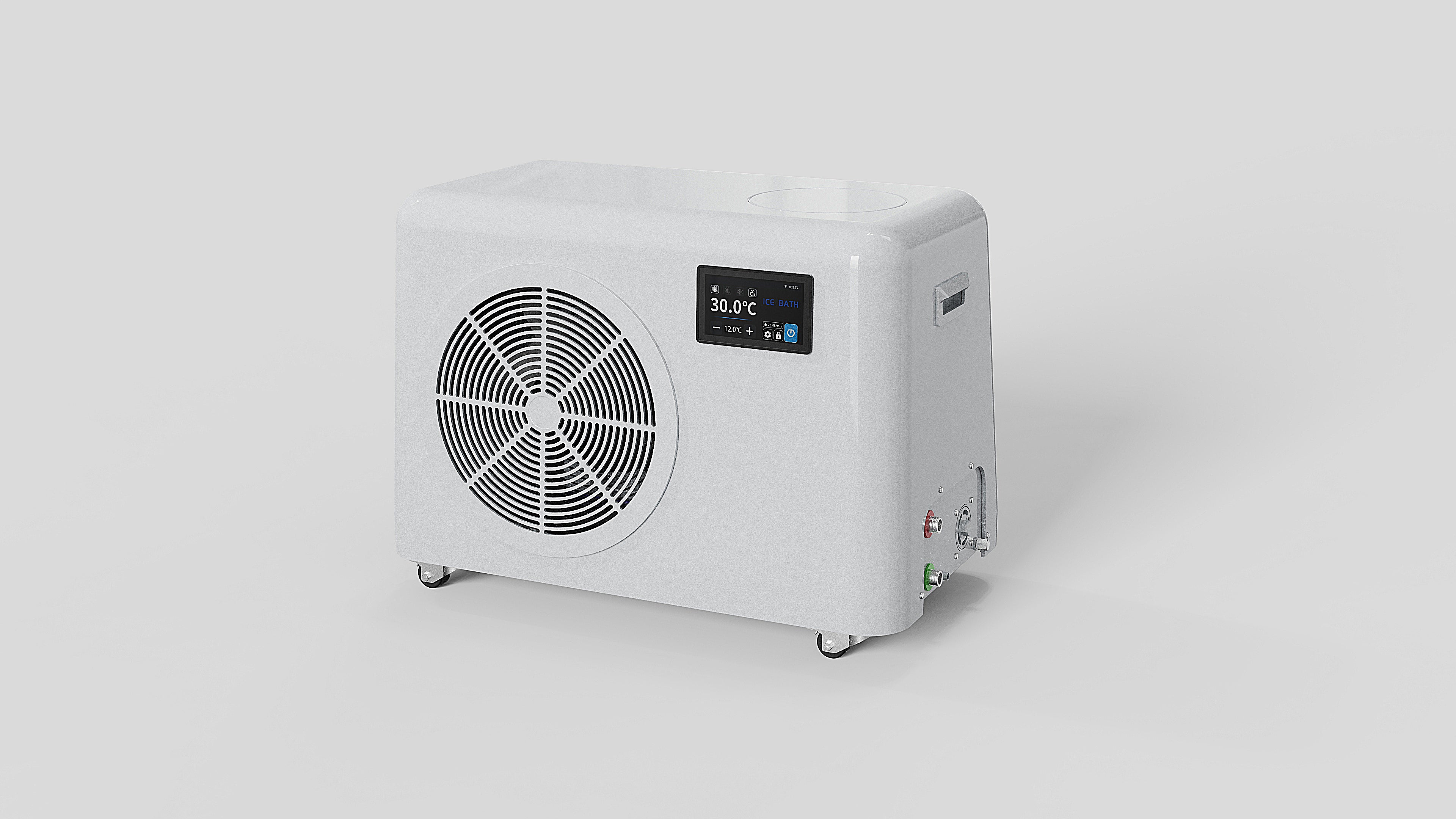 White bath tub chiller with digital display, cooling fan, and wheels, designed to regulate water temperature in connected bathtubs.