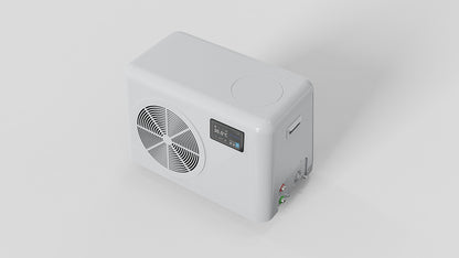 Top view of white bath tub chiller with digital display, cooling fan, and wheels.
