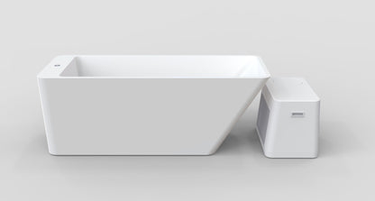 side view of a rectangular white acrylic freestanding bathtub with chiller