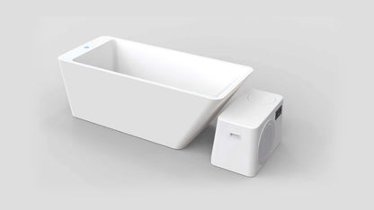 A freestanding white acrylic ice bath tub with chiller, featuring a sleek rectangular design and a compact external chiller for efficient cooling