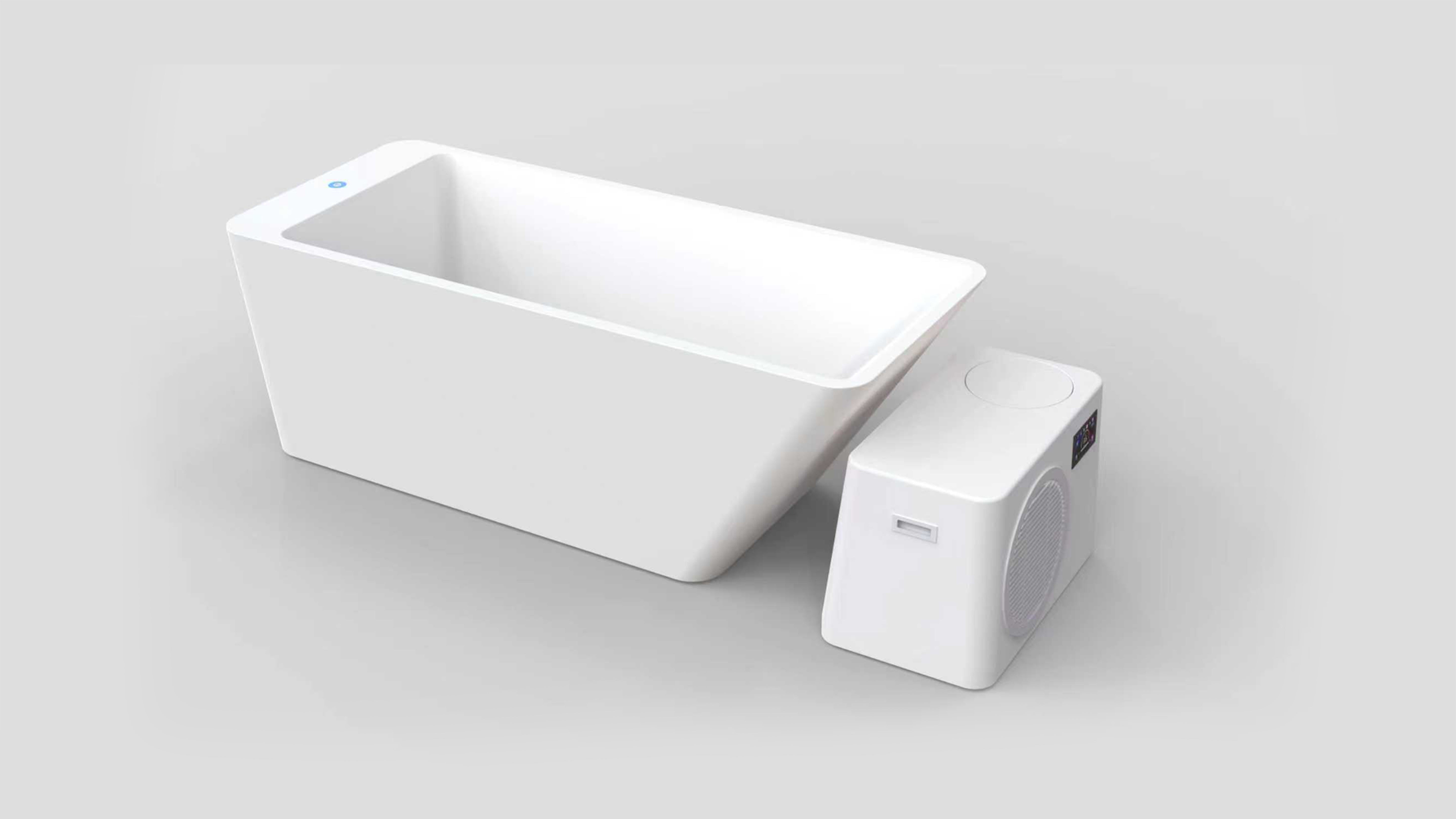 A freestanding white acrylic ice bath tub with chiller, featuring a sleek rectangular design and a compact external chiller for efficient cooling