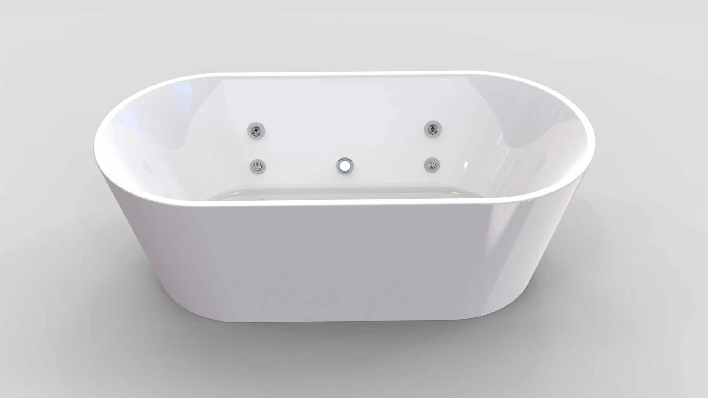 front and top-down view of a streamlined white acrylic freestanding bathtub with water valve details