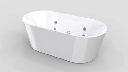 side view of a streamlined white acrylic freestanding bathtub