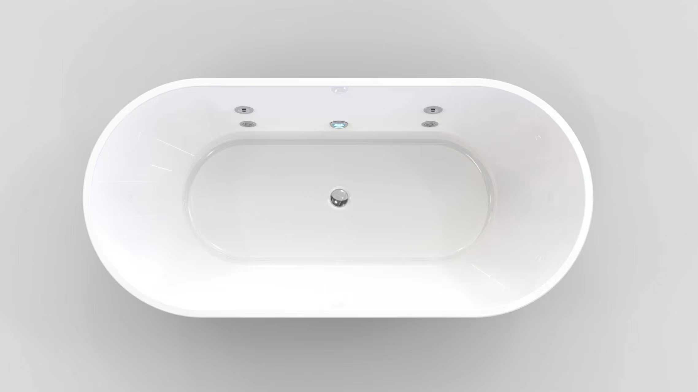 top-down view of a streamlined white acrylic freestanding bathtub